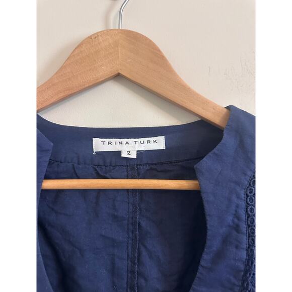Trina Turk Navy Blue Brillant Bell Sleeve Eyelet Mini Dress Size 2 - Picture 4 of 4